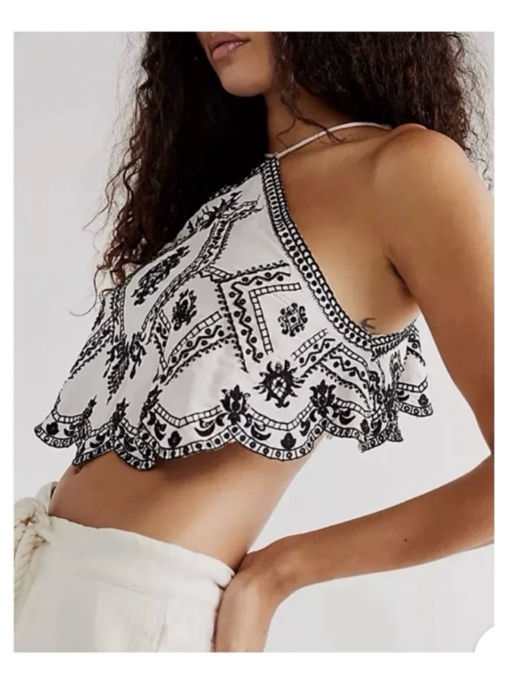 NWT Free People Embroidered Beaded White Black Crop Halter Top